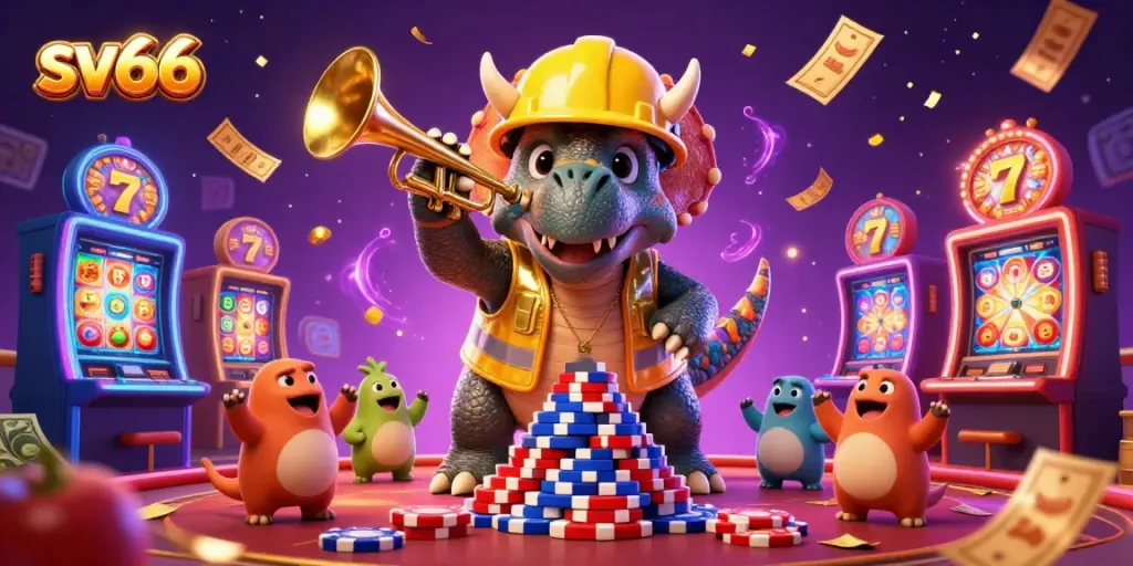 Engage with sv66 casino excitement as a triceratops builds a poker chip pyramid in a vibrant, animated scene.