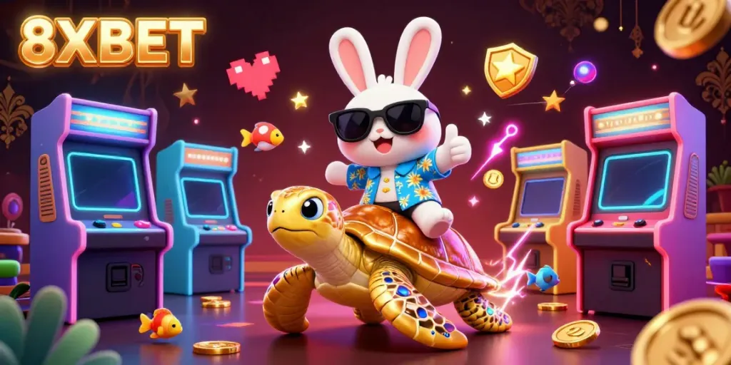 Experience vibrant fun with 8XBET as a lucky rabbit celebrates on a golden turtle, surrounded by dynamic gaming elements.