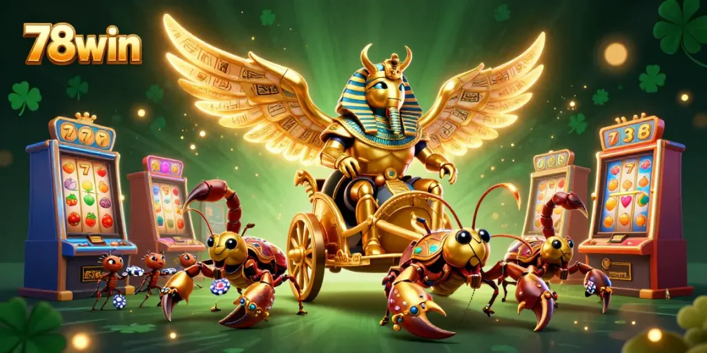 Experience thrilling wins at 78win with a vibrant scene of a colossal scarab and jewel-encrusted scorpions.