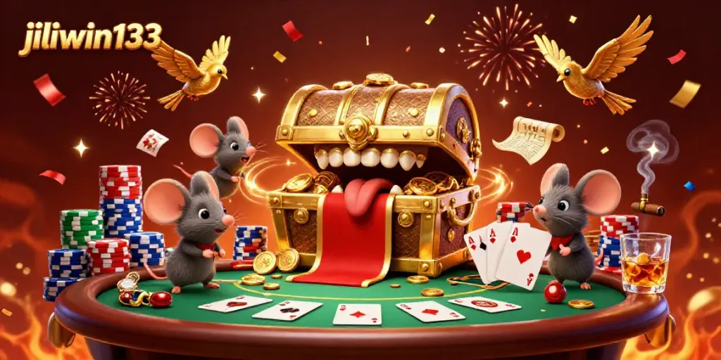 Engage with the jiliwin133 treasure chest symbolism surrounded by poker elements and celebratory detail.