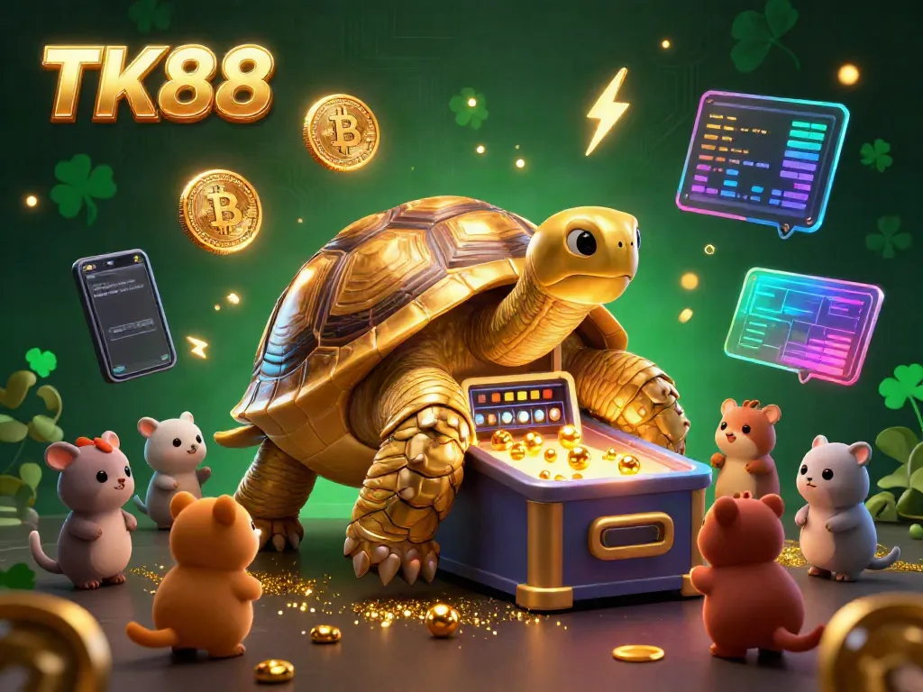 Play exciting casino games at TK88, featuring a golden tortoise pinball machine in a vibrant 3D illustration.