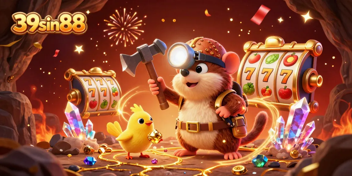 Experience winning thrills at 39sin88 with a treasure hunter mole amidst slot excitement.