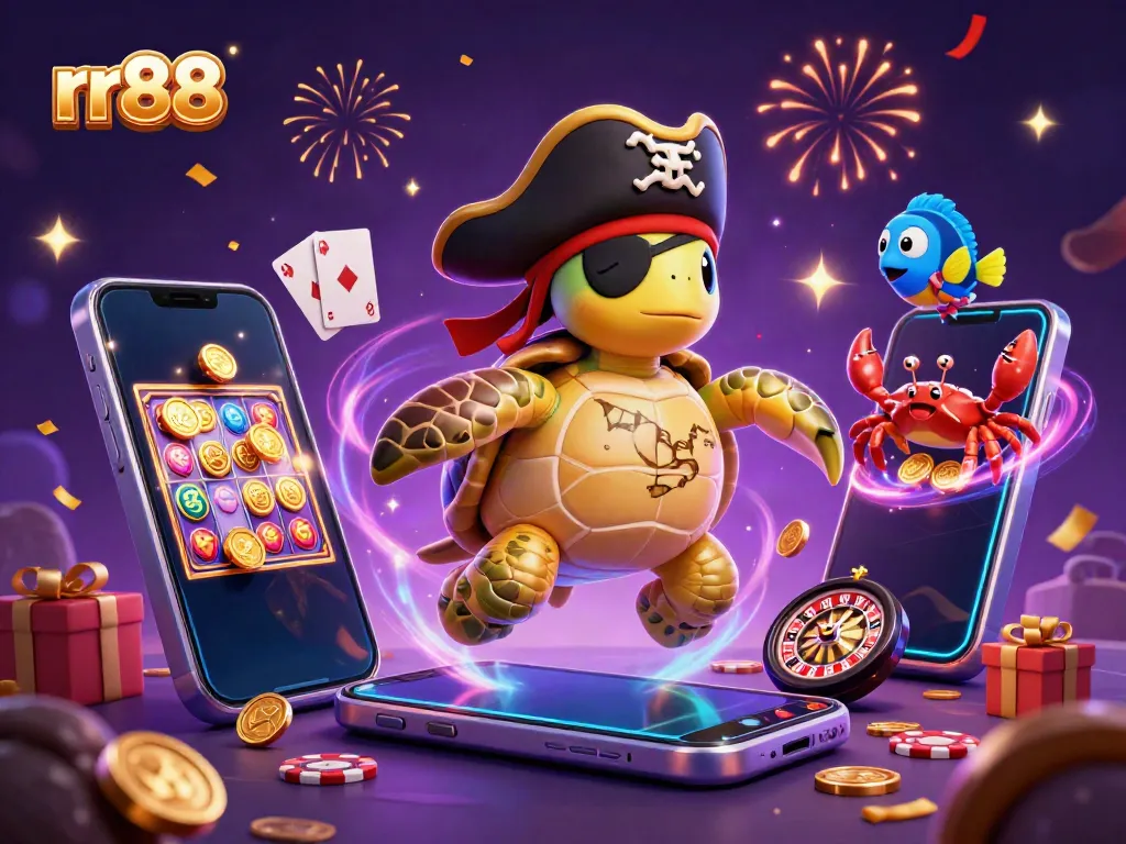 Spin the reels with rr88's adventurous pirate turtle and treasure in this vibrant casino-themed illustration.