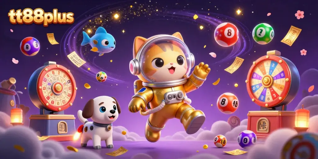 Experience the thrilling world of tt88plus with a vibrant 3D illustration featuring a golden space astronaut cat, robot dog, and dynamic lottery games.