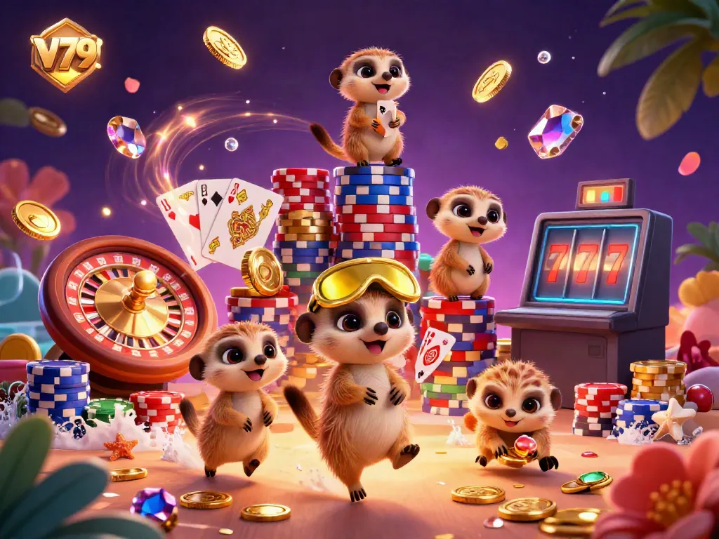 Experience thrilling wins at V79 with meerkats managing a bustling casino operation amidst flying coins and vibrant elements.
