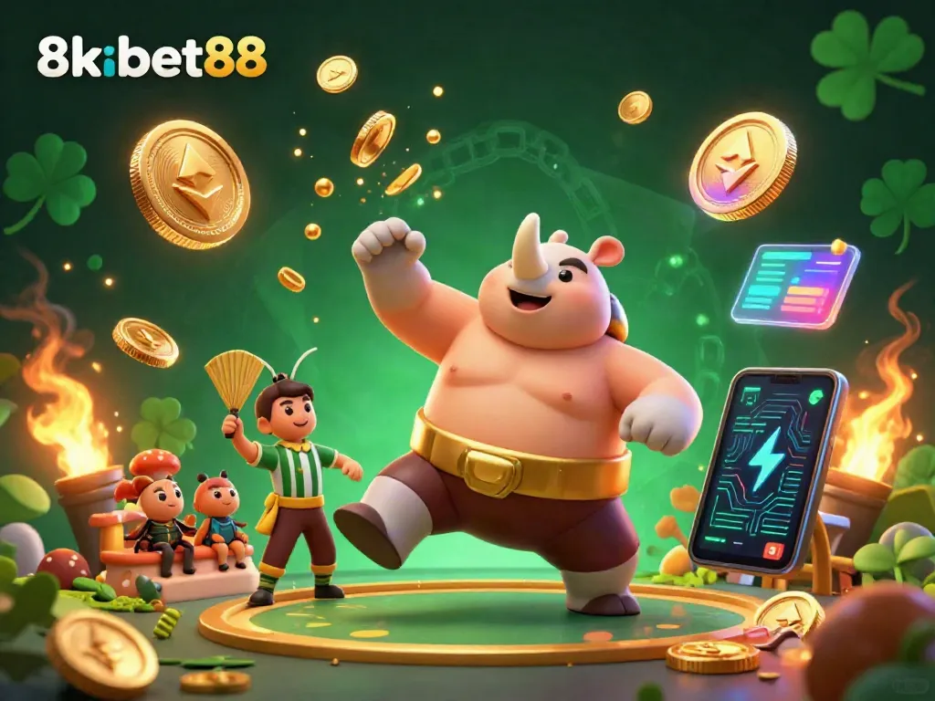 Engage with thrilling gambling experiences through 8xbet88's dynamic 3D illustration featuring a cartoonized rhinoceros beetle champion.