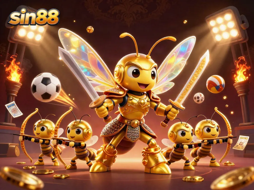 Experience thrilling gaming excitement with sin88, as a golden hornet warrior battles alongside bee archers amidst dynamic sports elements.