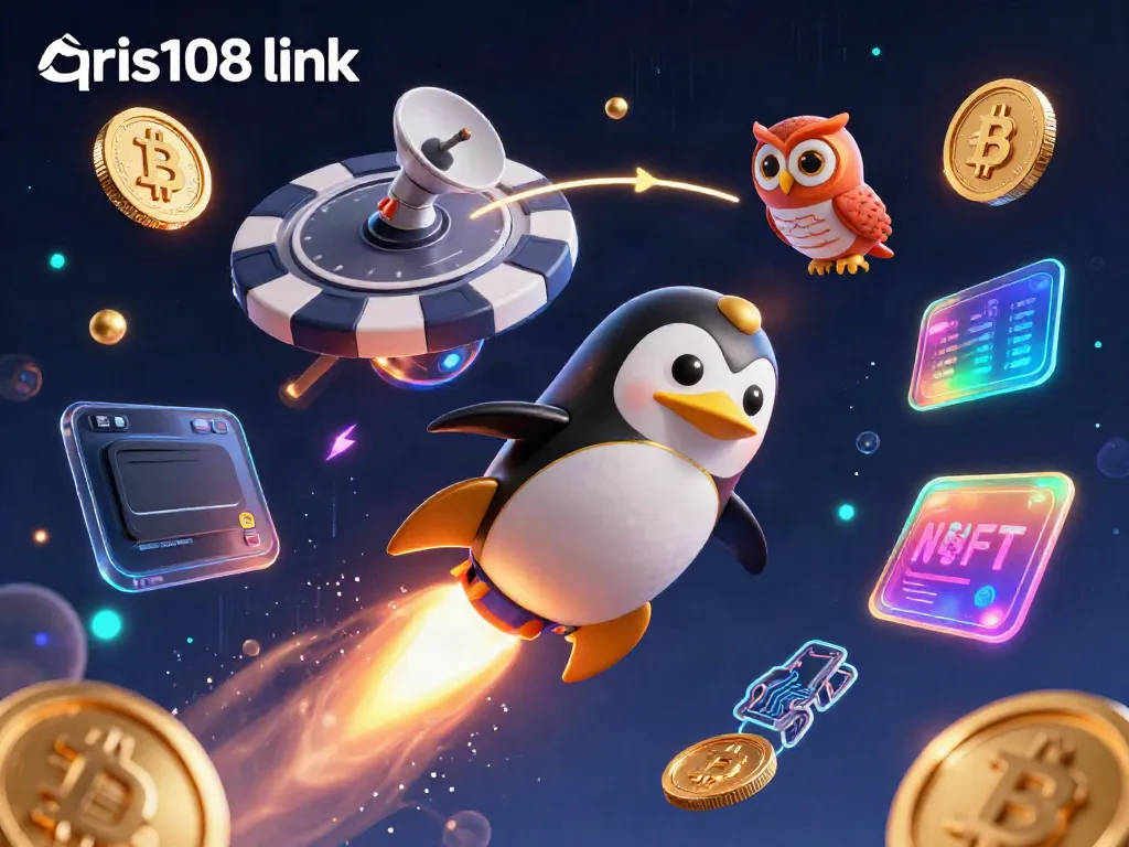 Menampilkan aksi menarik QRIS108 link melalui ilustrasi yang memikat dari penguin emas dan chip poker di ruang kasino