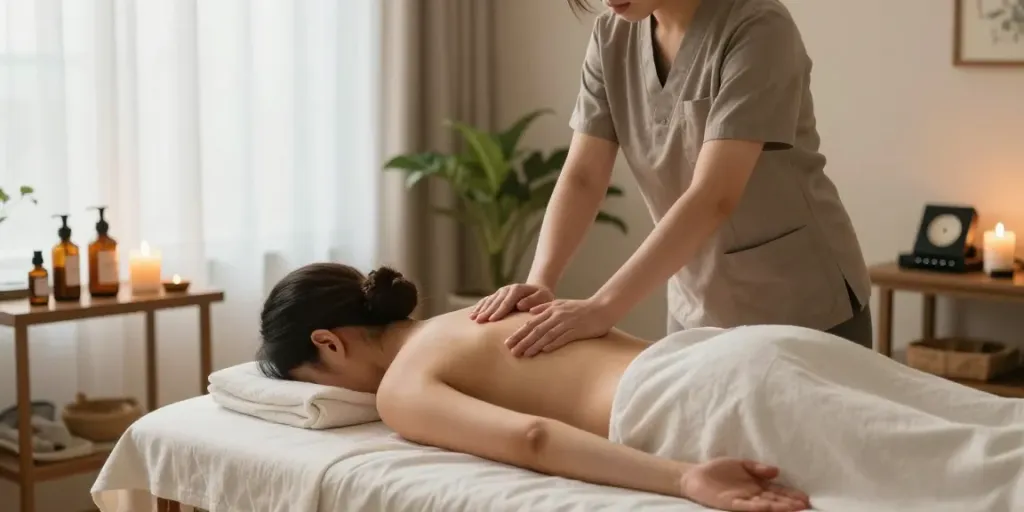 송파출장안마 professional massage session in a serene home environment with soothing ambiance.