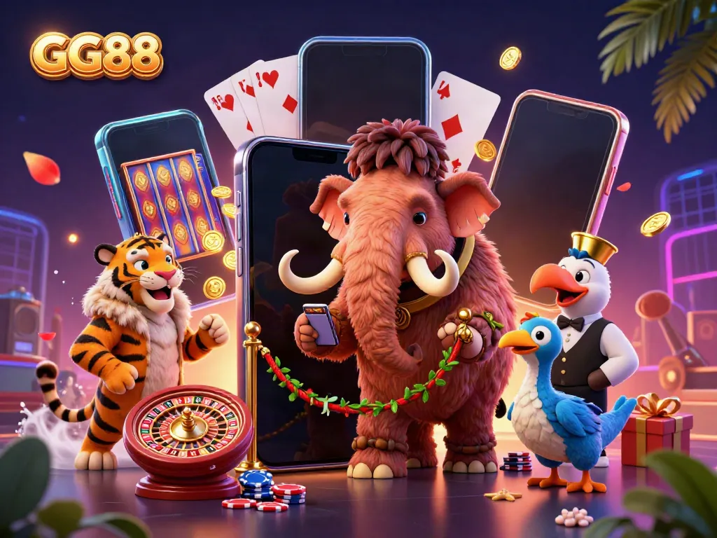 Experience exciting gameplay at GG88 with a vibrant 3D illustration featuring a casino scene.