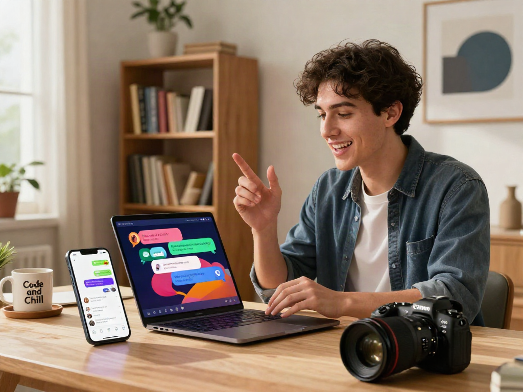 User engaging with spicy chat AI on a laptop in a stylish workspace with vibrant chat bubbles visible.
