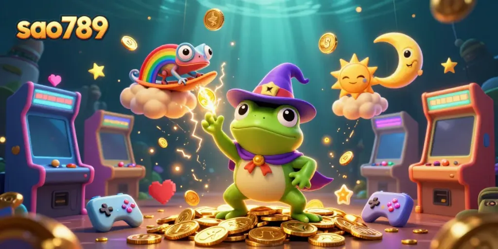 Experience thrilling wins with sao789 in this vibrant 3D casino illustration filled with gold coins.