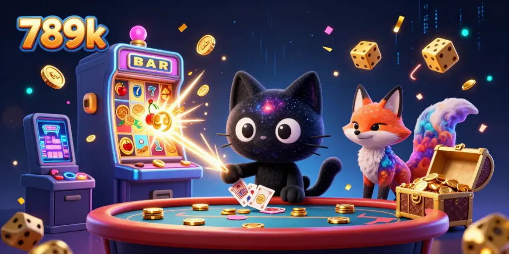 Experience the thrill of 789k with a cosmic black hole cat and a colorful nebula fox at a vibrant casino.