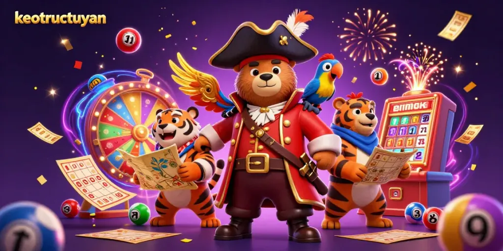 Engage in thrilling casino fun with keotructuyen as a bear pirate, tiger first mate, and golden parrot reveal lottery excitement.