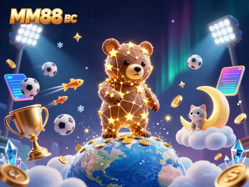 Experience thrilling wins with MM88 BC, a vibrant scene of stars, coins, and sports elements in gaming.