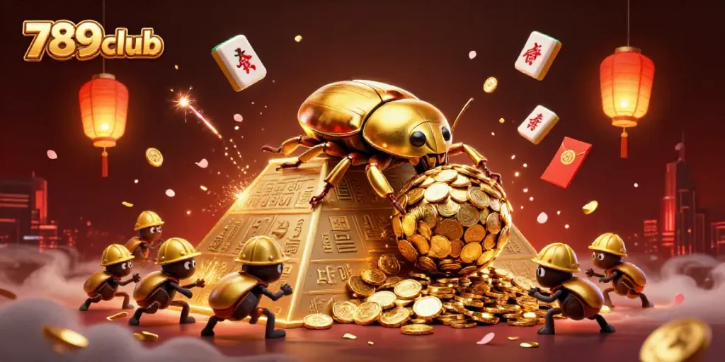 Experience the excitement of 789club with a dynamic scene filled with golden treasures and festive elements.