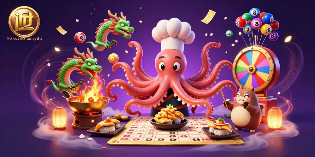 Experience the thrill with link vào nhà cái uy tín as a vibrant casino scene unfolds, full of colorful lottery balls and dynamic characters.