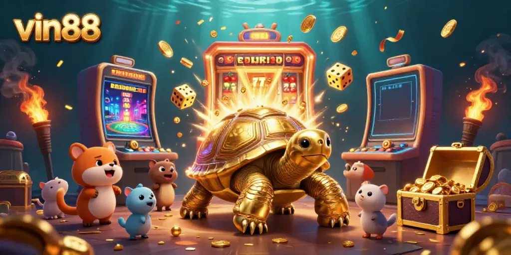Engage with thrilling slots and games at vin88 featuring a golden tortoise pinball and slot machine.