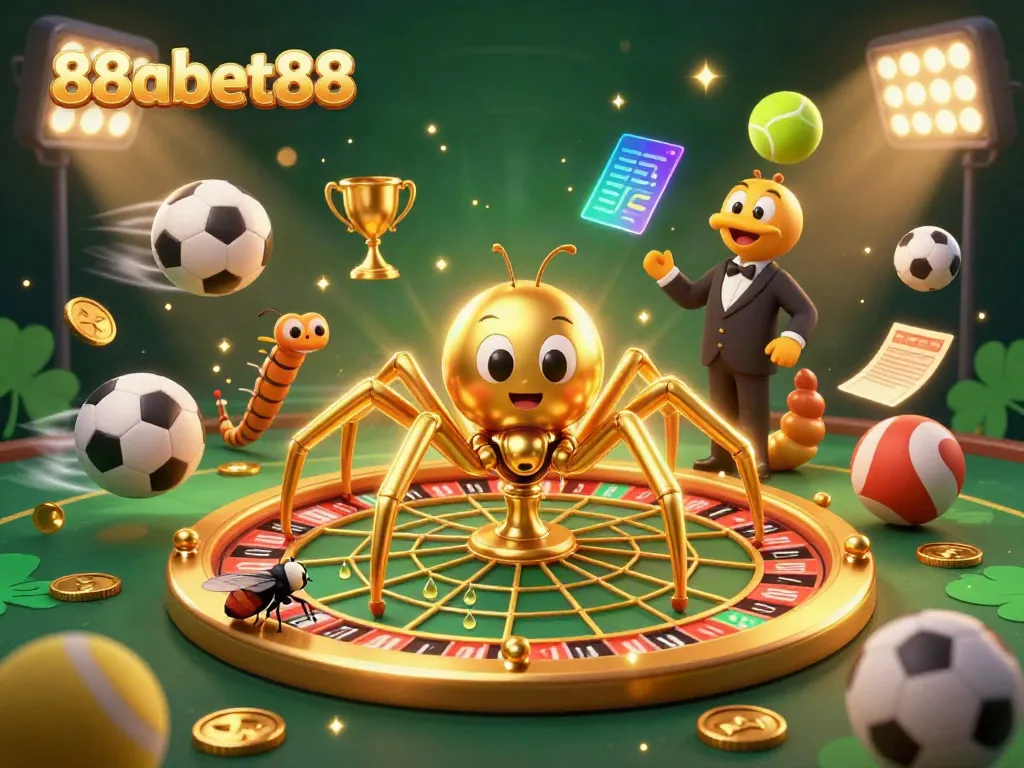 Experience the thrill of 88abet88 with our engaging cartoon scene featuring dynamic sports and casino elements.