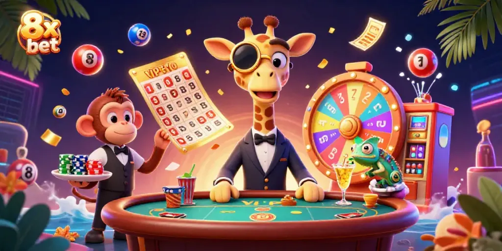 Experience the excitement of 8x bet with a vibrant 3D casino scene featuring high-roller characters and dynamic game elements.