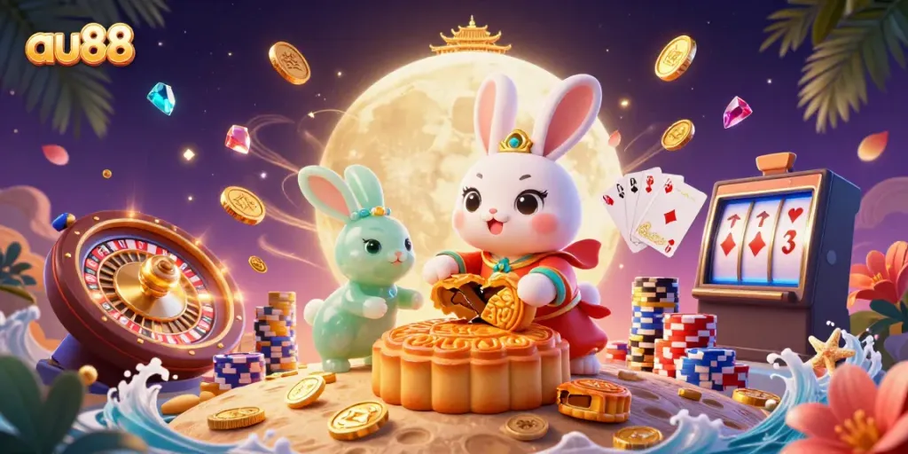 Experience winning moments at au88's online casino with a vibrant, whimsical scene of moon rabbits and gambling elements.