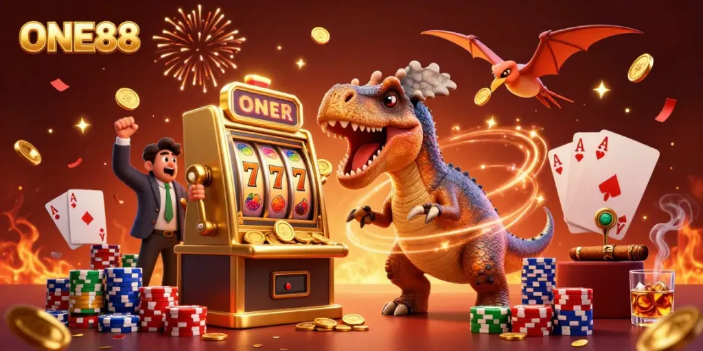 Experience ONE88's thrilling jackpot as a dinosaur wins gold coins at a lively casino.