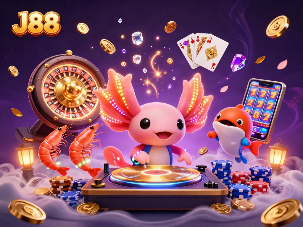 Experience the vibrant thrills of J88 casino with an energetic scene of neon characters amidst dazzling winnings.