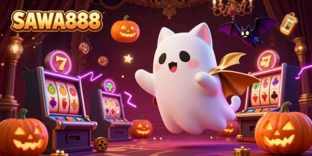 SAWA888's ghost cat and bat companions illuminate a casino with vibrant gambling elements.