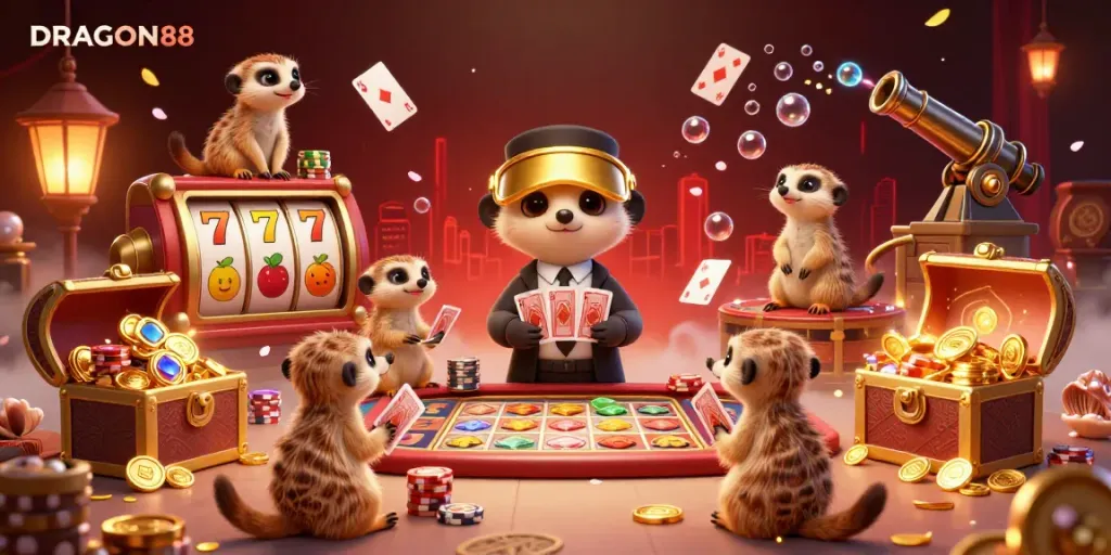 Engage with DRAGON88 by experiencing a lively casino scene featuring meerkats in action amidst colorful game elements.