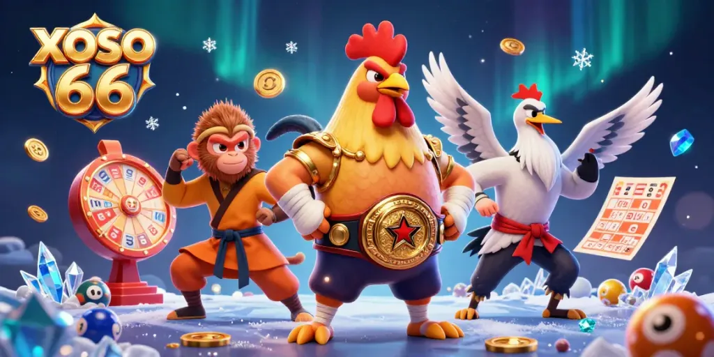 Engage with the excitement of XOSO 66 lottery games, featuring vibrant characters and vibrant prize elements.