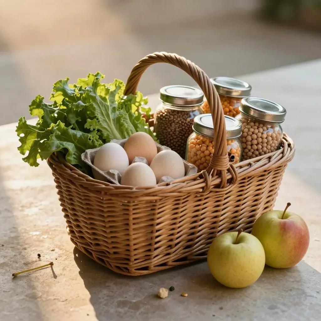 Cesto bio con verdure, uova, legumi, frutta e vasetti refill su pietra chiara.