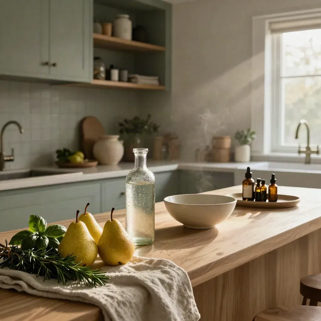 Cucina bio cinematografica con frutta, bottiglie refill, erbe e skincare in luce mattutina.