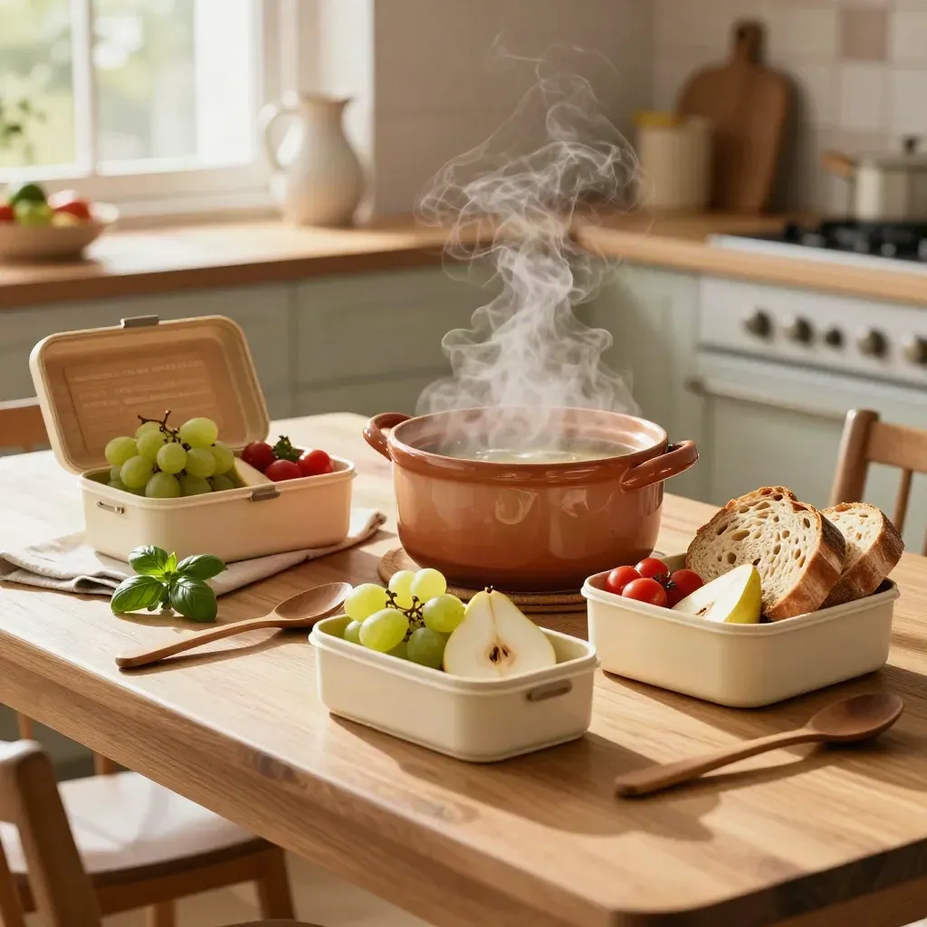 Tavola familiare bio con zuppa fumante, frutta mista, lunch box e erbe su tavolo in legno.