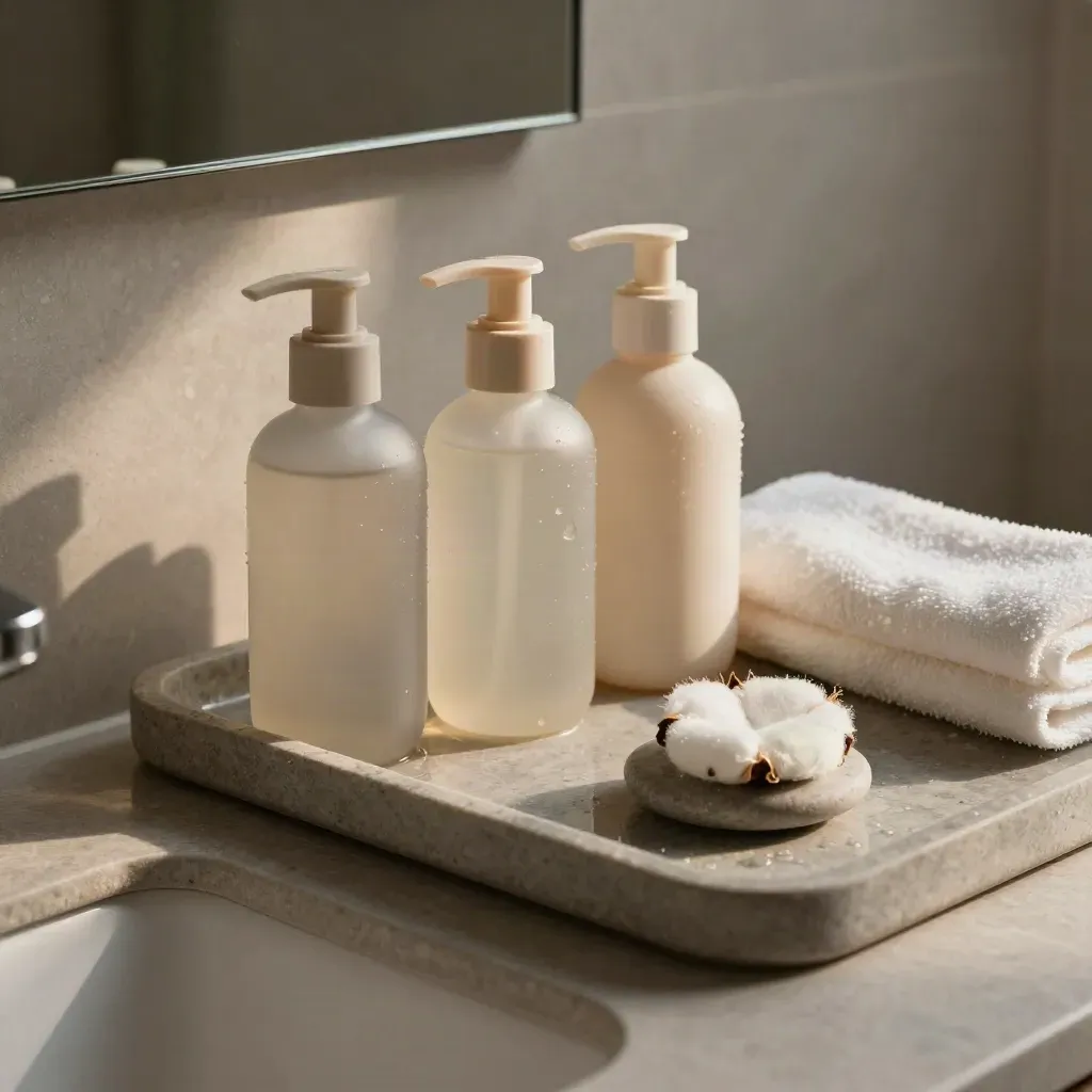 Vassoio bagno per pelle sensibile con tre flaconi, dischetti, piattino in pietra e asciugamano.