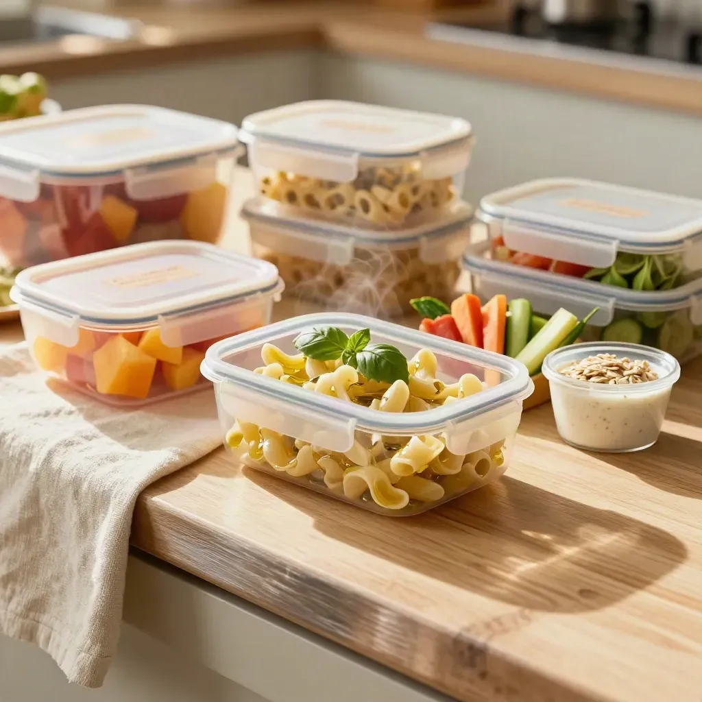 Box pranzo bio per bambini con frutta, pasta e verdure su piano chiaro