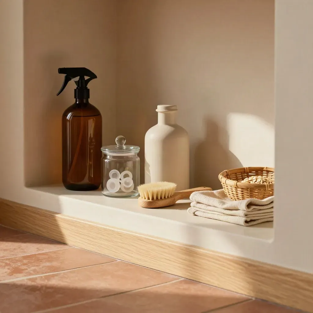 Nook utilitaria ordinata con bottiglie refill, tavolette detergenti, spazzola e panni su mensola calda.