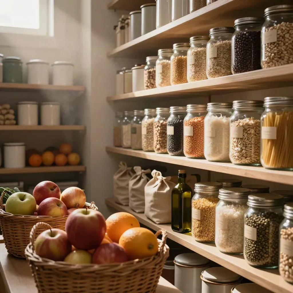 Dispensa familiare ordinata con barattoli di vetro e cesti di bio, luce calda tra gli scaffali