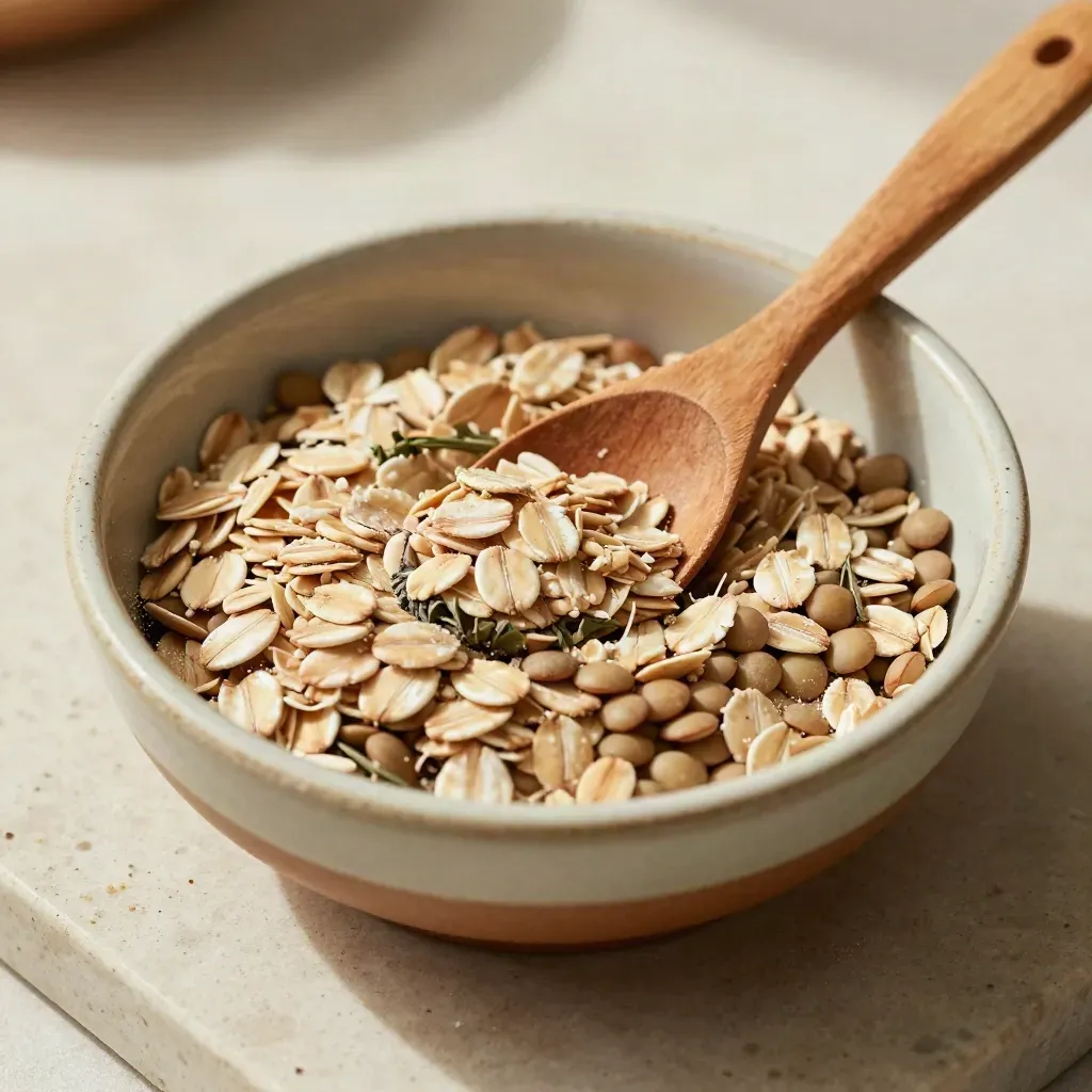 Ciotola di ceramica con avena, lenticchie, erbe e cucchiaio di legno su travertino.