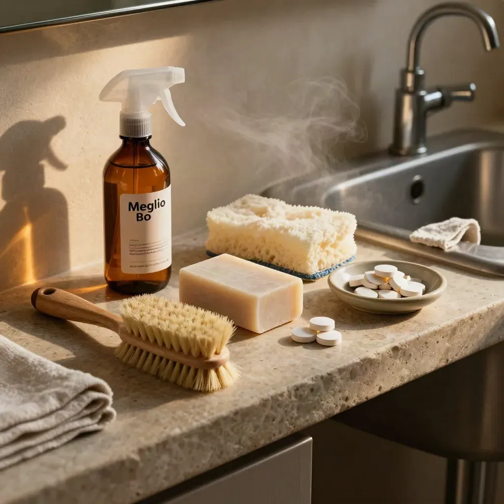 Kit per la casa con spray ambrato, spazzola, saponetta, spugna e pastiglie su piano di pietra.