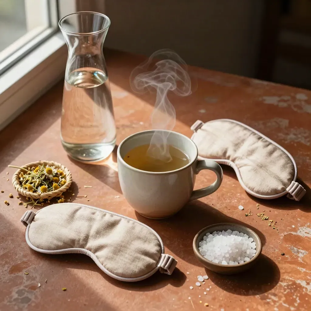Caraffa d’acqua, tazza fumante, infusore, mascherina notte e sale su fondo rustico.
