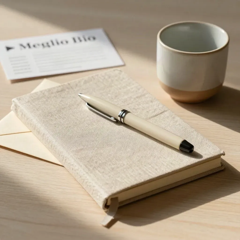 Quaderno in lino, penna, busta crema e tazza in ceramica su legno chiaro.