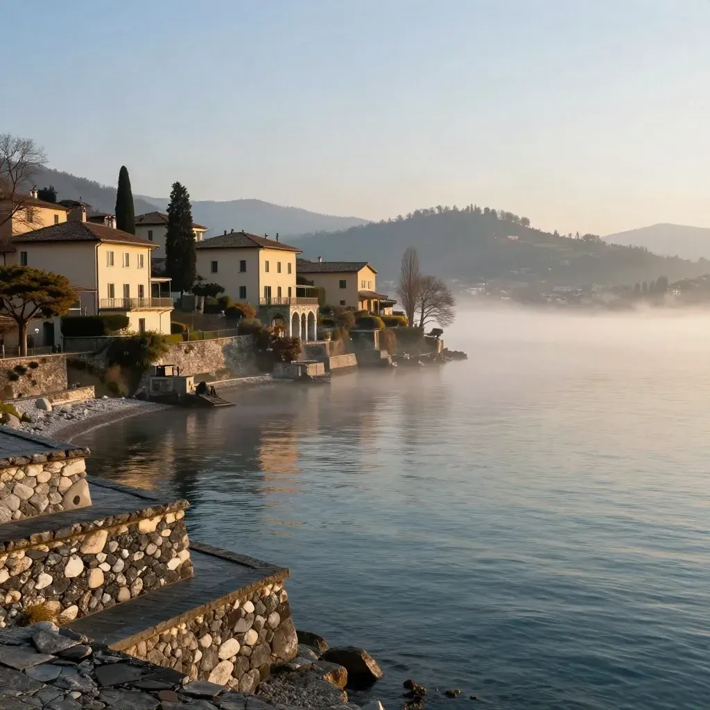 Vista del Lago di Lombardia nella nebbia dorata, ville pallide e acqua scura sotto un crinale alto