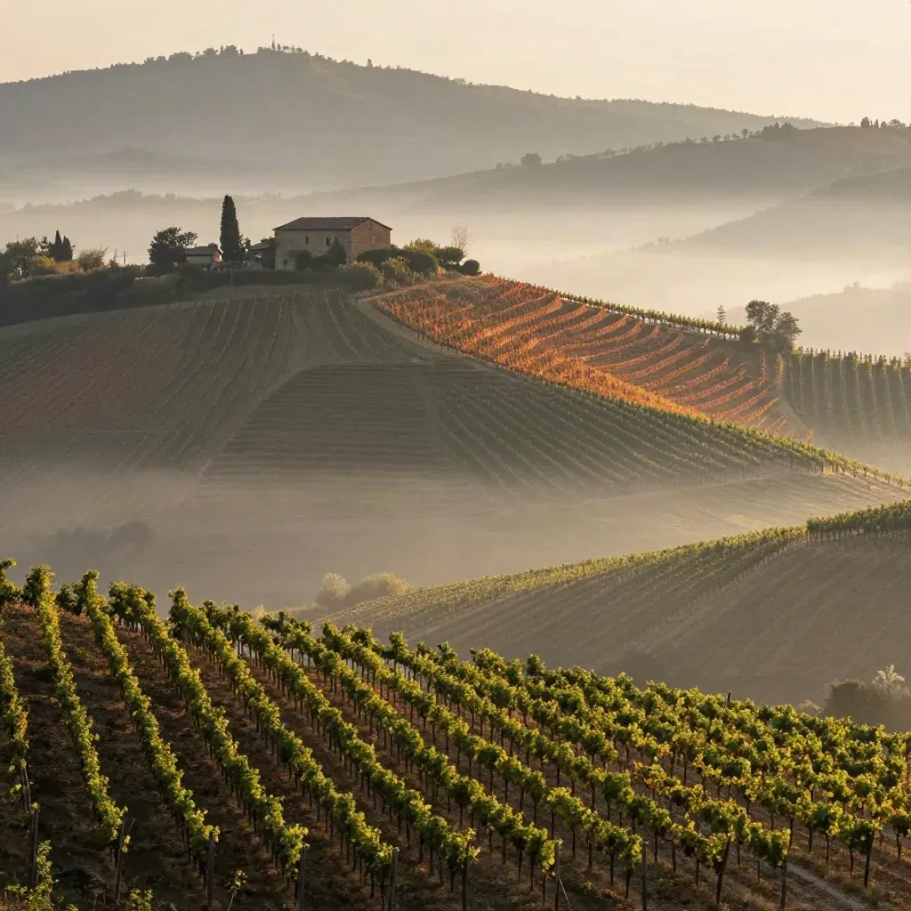 Colline vitate del Piemonte all’alba con nebbia morbida e cascina in alto.