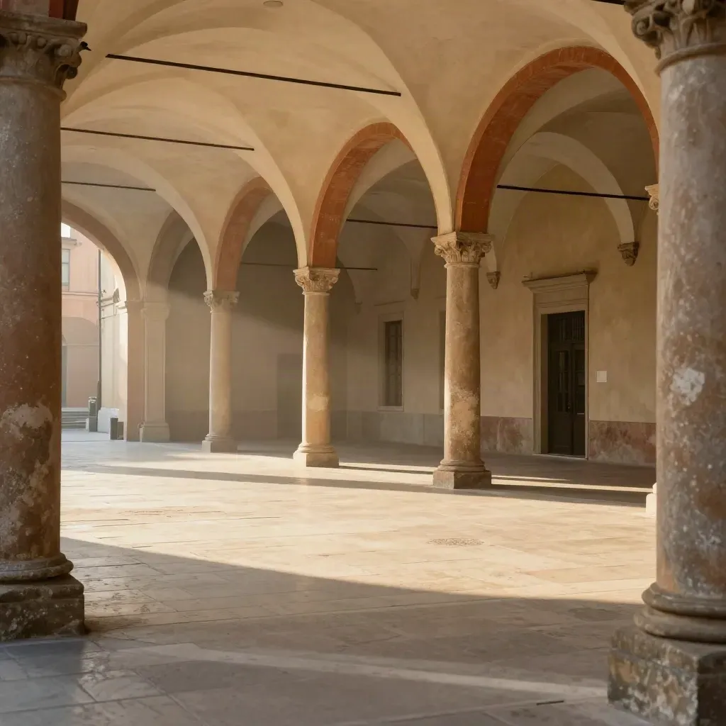 Portici storici emiliani e piazza vuota in luce calda, con spazio calmo per il testo.