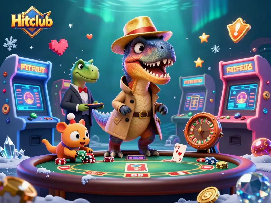 Hitclub velociraptor plays blackjack as a stegosaurus watches suspiciously at a vibrant casino scene.
