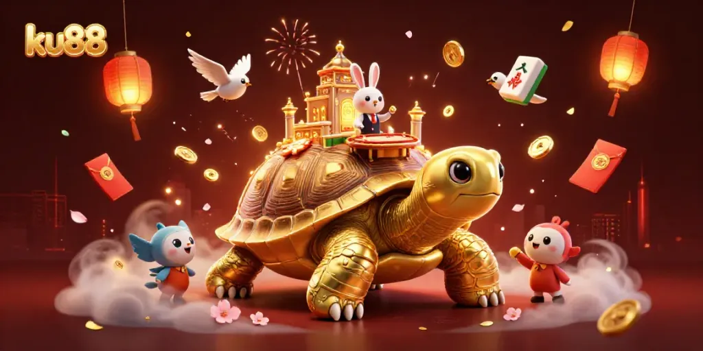Play at ku88's lively casino scene with animated characters celebrating wins and traditional elements.