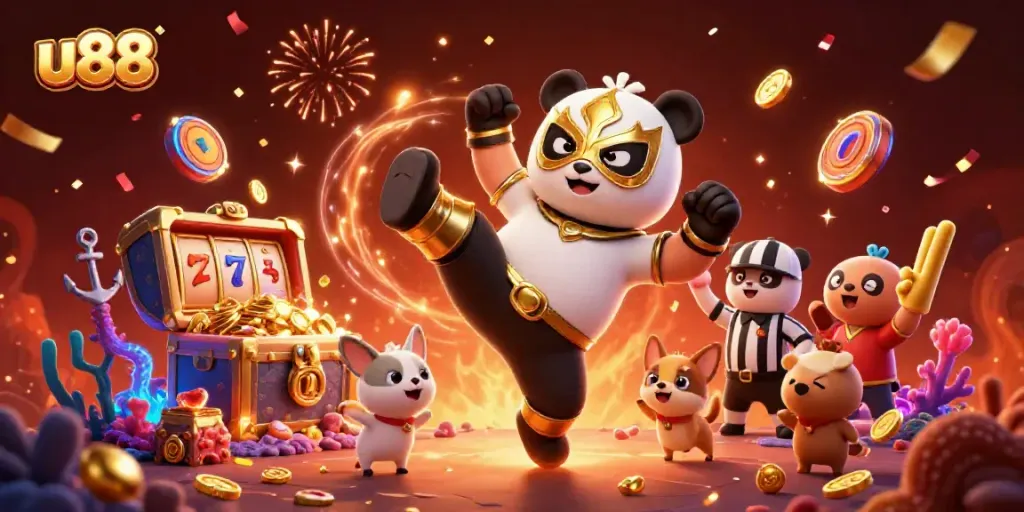 Engage in thrilling gaming fun at u88 with a panda wrestler and cheering animal spectators amidst a vibrant casino-themed scene.