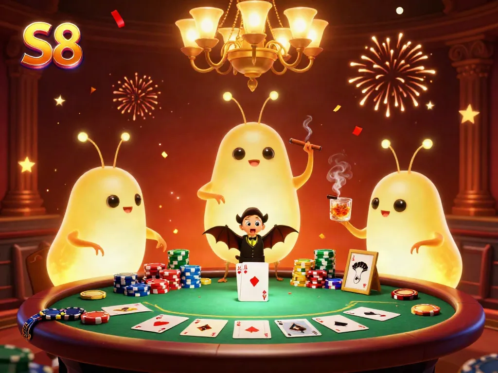Experience thrilling winnings at S8 with glowing casino glowworms and vibrant poker setting.