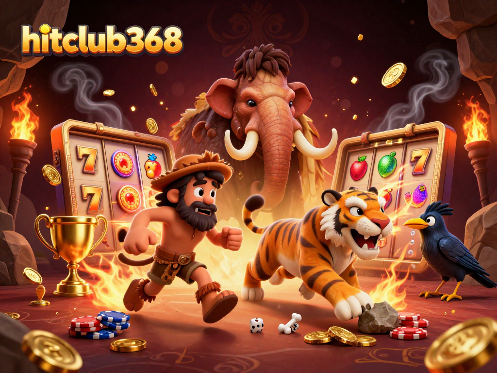 Experience the excitement of hitclub368 with a lively 3D casino scene featuring classic slots and character interactions.