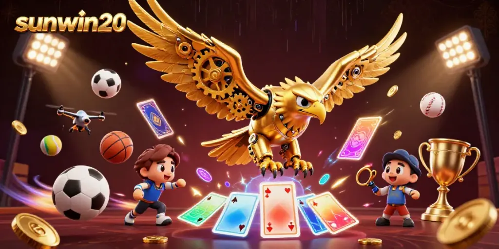 Experience excitement with sunwin20 as a golden eagle dives through holographic cards, surrounded by sports elements.